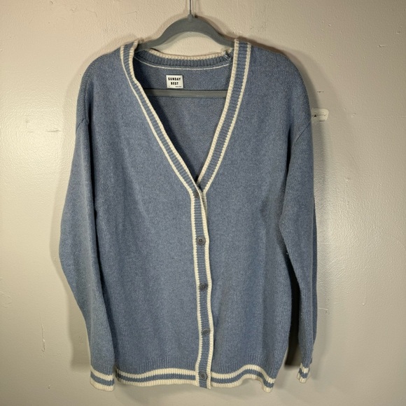 Aritzia Sunday Best Ellis Cardigan wool sweater blue white oversized Small prep - Picture 3 of 13